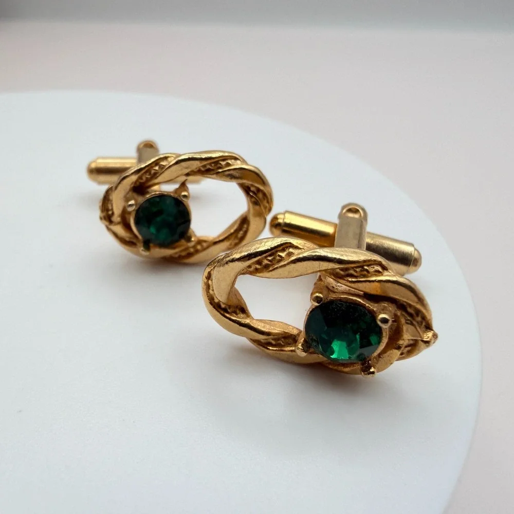 Vintage Y2K‎ Gold Tone Faux Pearl Green Glass Cufflinks Set 2 Pair Jewelry